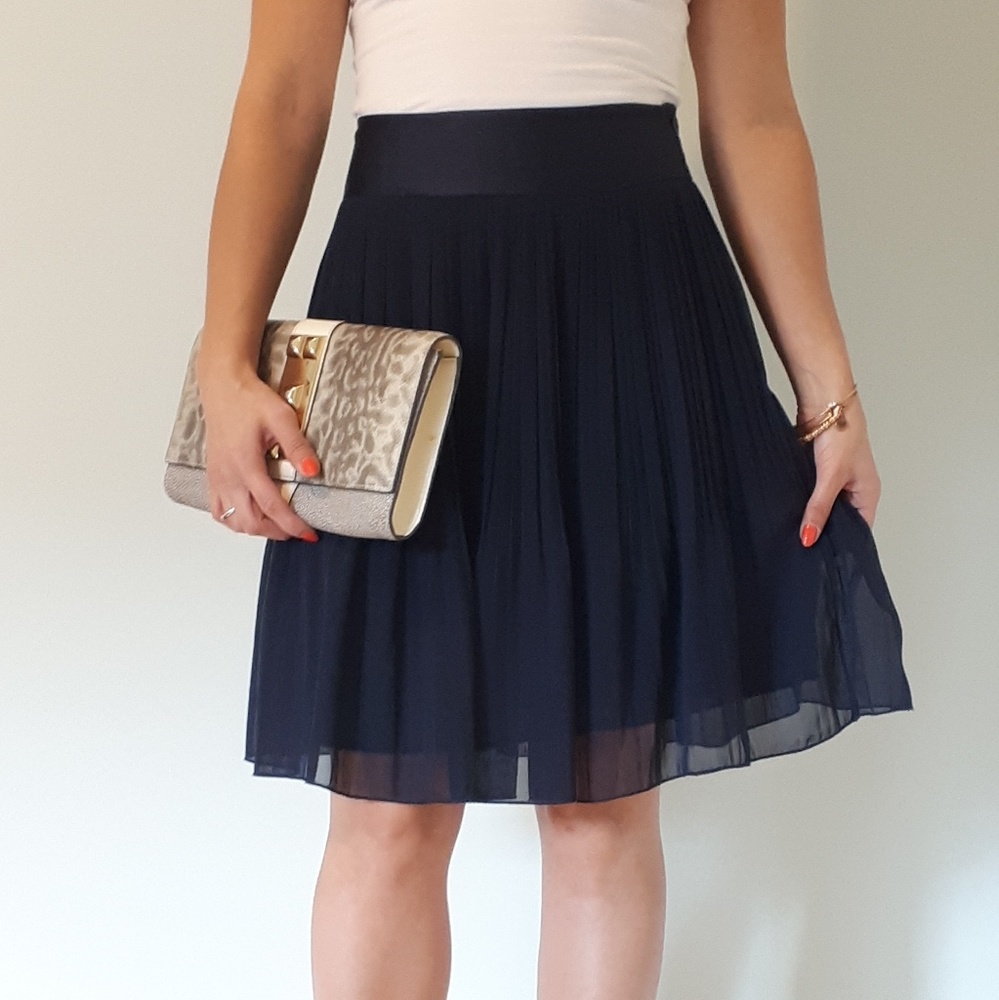 H&M Navy Pleated Skirt with Sheer Overlay